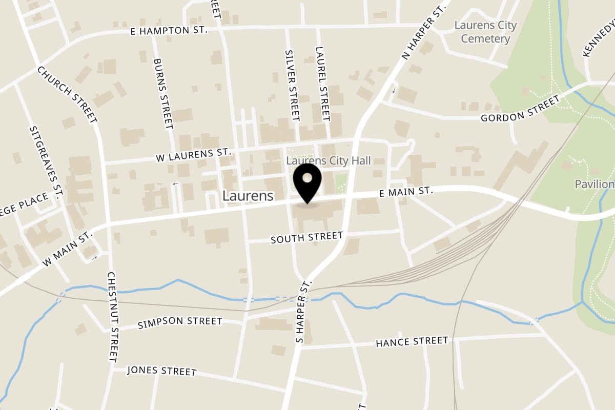 Map showing the location of Tacos & Bla Bla Bla Laurens on 108 W Public Square in Laurens